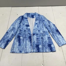Denim Print Blazer Jacket Womens 2XL Blue White Open Front Long Sleeve
