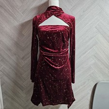 Cider NEW UK Size 12 L Crimson Velvet Gold Celestial Flare Cut Out Dress Boho 