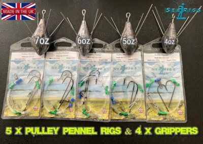 SEARIGS UK Sea Fishing 4 Super Breakaway Greifergewichte & 5 Riemenscheibe Pennell Clip Down Rigs