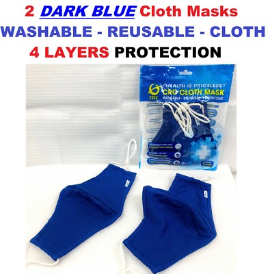 Unisex 2 DARK BLUE Face Masks REUSABLE WASHABLE Face Covers ADJUSTABLE Masks 