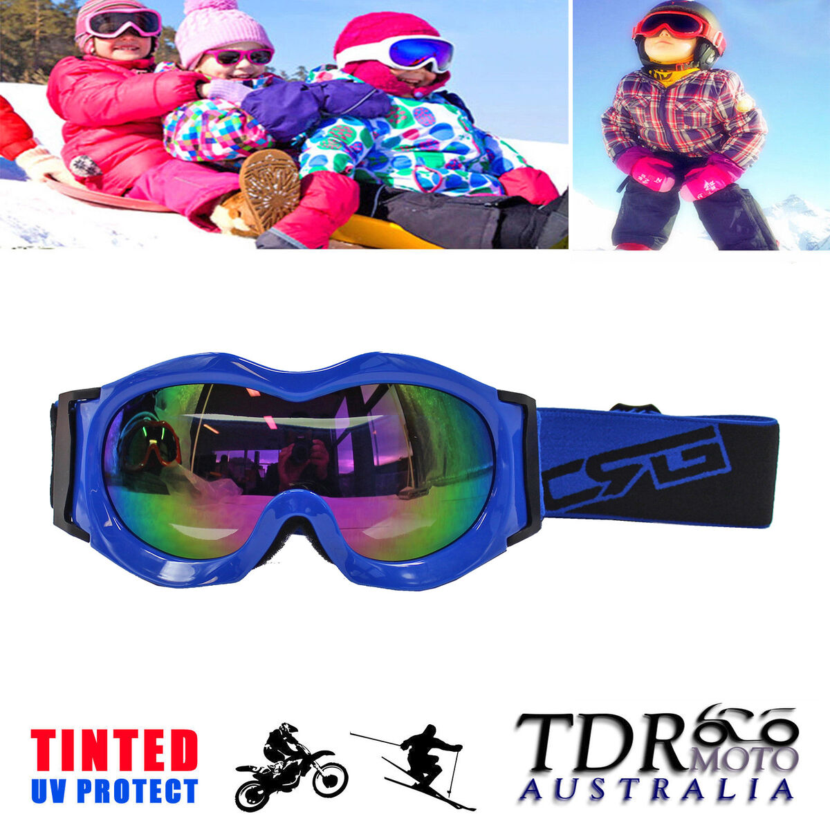 Ski Snow Goggles KIDS BOY GIRL BLUE Frame UV Snowflakes Protection Tinted  Lens