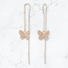 Dainty Crystal Butterfly Pendant Tassel Threader Earrings