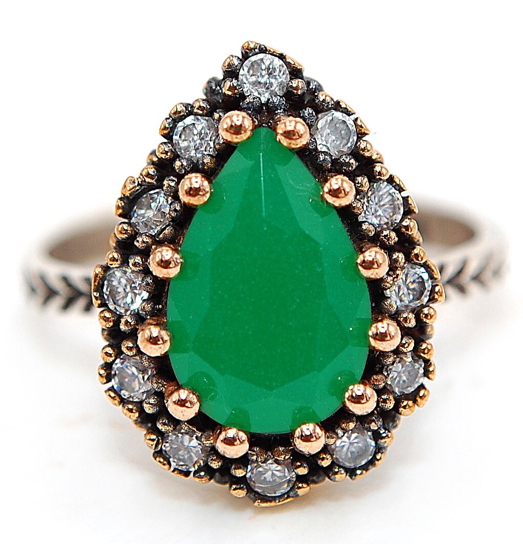 2CT Treated Emerald Ottoman Empire Inspired Sterling Silver Ring Size 7.5 HB3-6