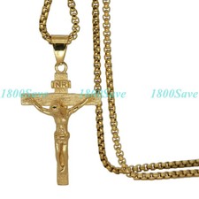 18K Yellow Gold Filled Crucifix Cross Pendant 18"-28" Box Chain Necklace H123Y