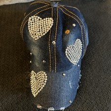 Denim Baseball Cap Women's Hat Rhinestone Hearts Adjustable Back.