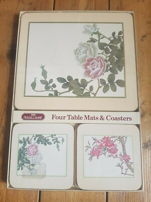 VINTAGE BHS HOUSE & HOME 4ER SET TISCHSETS UND UNTERSETZER BLUMENMUSTER KORKRÜCKEN SEHR GUTER ZUSTAND