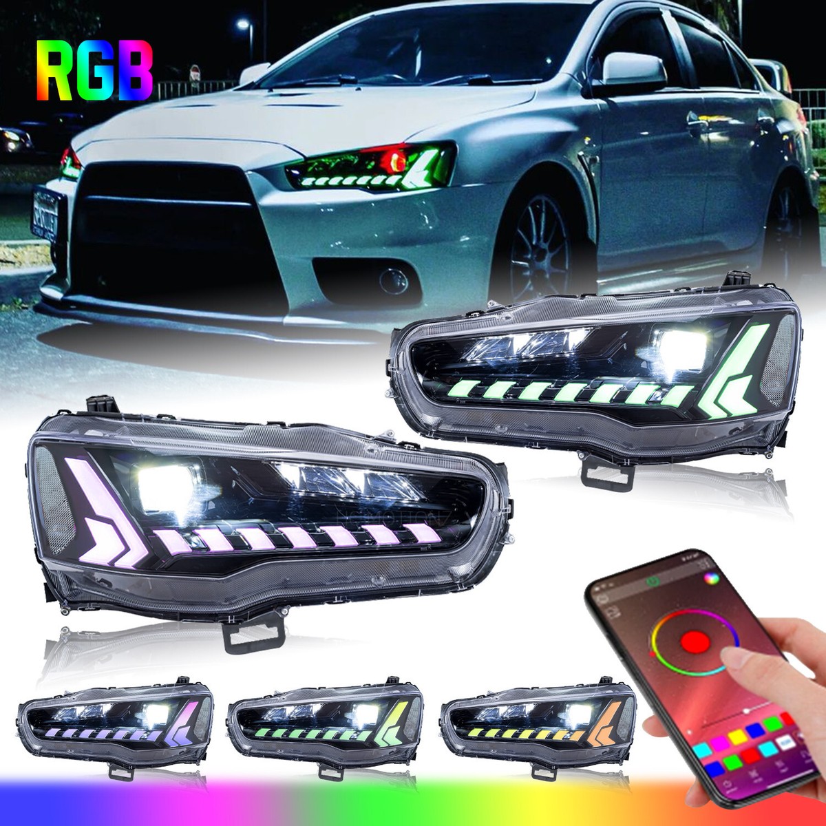 EVO ライト HCMOTION RGB Dazzle LED Headlights For Mitsubishi Lancer ex evo