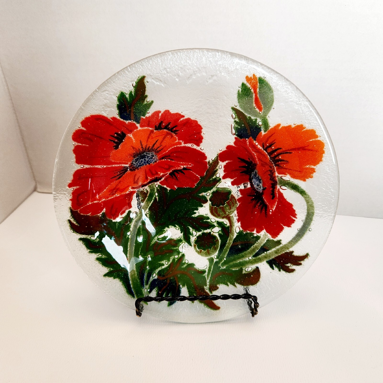 Peggy Karr Signed Fused Art Glass Bowl Poppies Red Flowers Pods Green