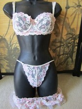 Women's Pink/White Lingerie 3 Piece Set Lace Bra, Thong, Skirt w/Garter Belt Med