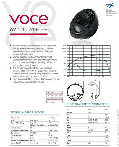 Audison AV 1.1 AV1 Coppia Tweeter Cupola Morbida 28 mm 4Ohm 180W Nuovi - Imagen 6 de 6
