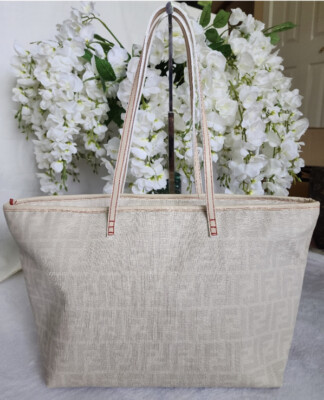 Fendi Vintage FF Zucca Carry Shoulder Tote Bag White Gray Canvas