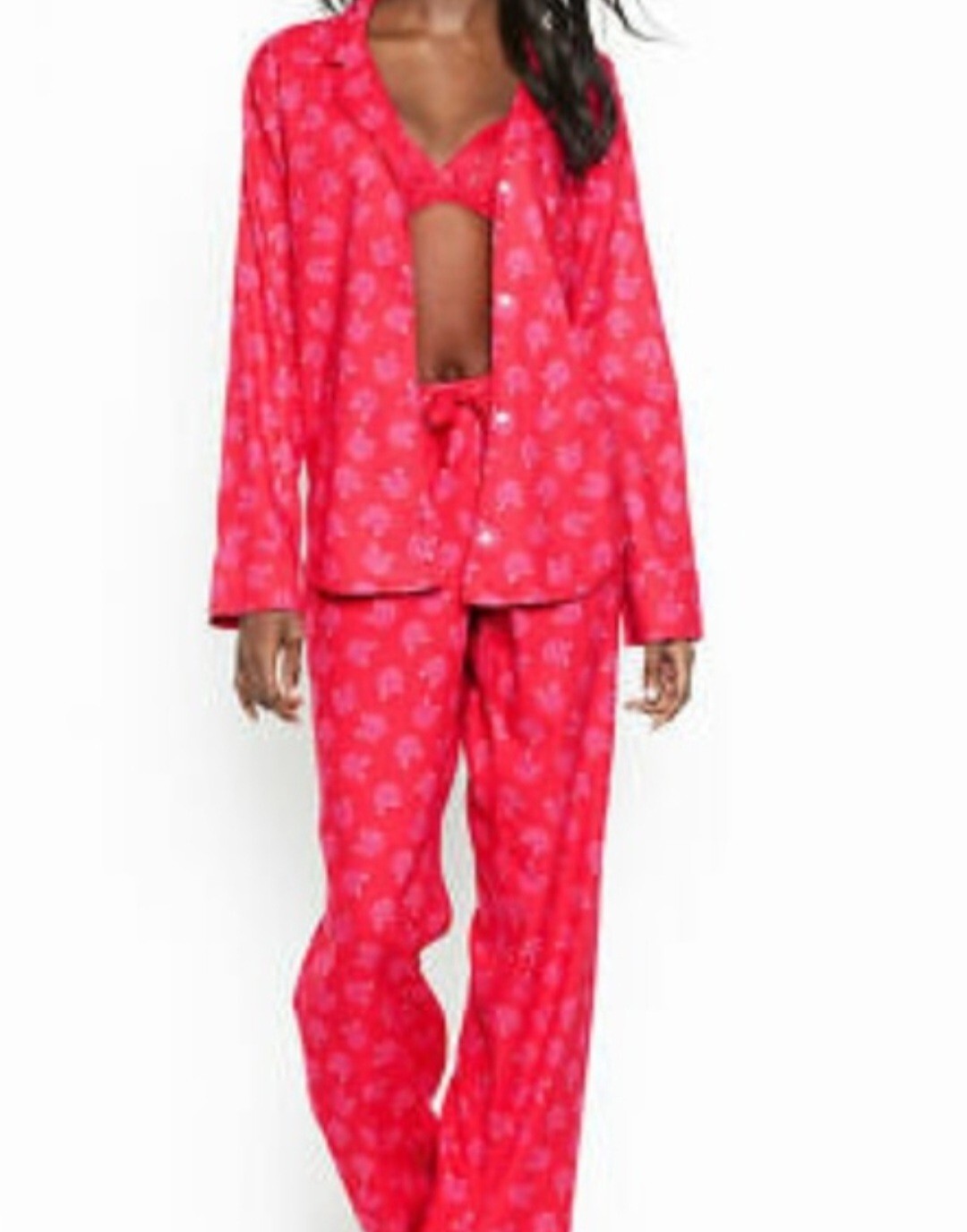 Victoria Secret Pajama 2 PC Set SMALL Red Pink Roses Cotton Modal Flannel NEW