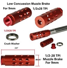 1/2-28 TPI Thread Low Concussion Muzzle Brake Anodized Red For 9mm