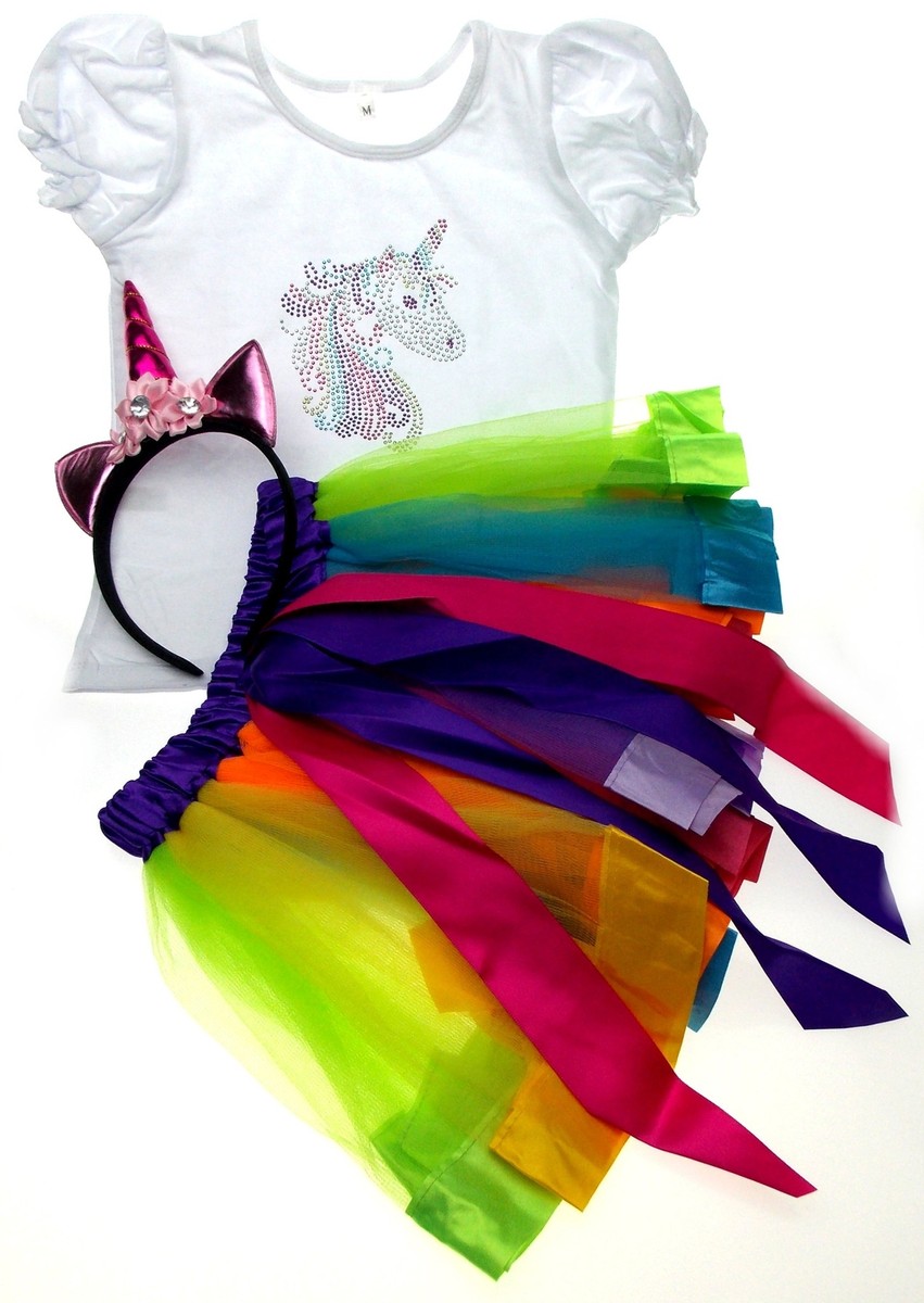Unicorn Girls Costume Shirt Tutu Skirt Rainbow Skirt Pink Headband
