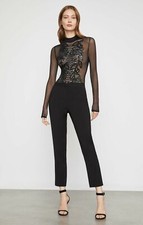 NWT BCBG MAXAZRIA Mock Neck Sequin Floral Bodysuit Black Sheer - 198