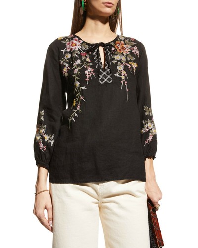 Johnny Was Acacia Split Neck Linen Top 
