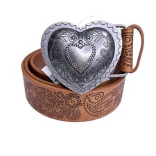 Refuge Brown Tooled Faux Leather Silver Heart Buckle Belt Medium Western Ranch
