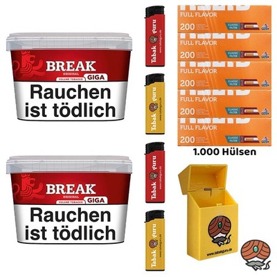 Break Original Volumentabak Giga Box 2x 185g, Gizeh Full Flavor Hülsen Feuerzeug