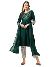 Women's Embroidered and Mirror Work Silk Blend A-Line kurta pant with dupatta