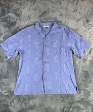Tommy Bahama XL 100 Silk Shirt Palm Tree Print Blue Camp Collar Aloha Style