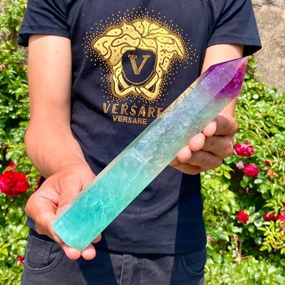 1.6LB Natural rainbow fluorite obelisk quartz crystal wand point Gem Healing