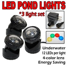 SUBMERSIBLE 3 LED POND LIGHT SET FOR UNDERWATER FOUNTAIN FISH POND WATER GARDEN