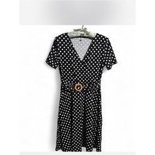 SHEIN Polka Dot Dress Womens Medium Black Excellent V-Neck Buckle A-Line