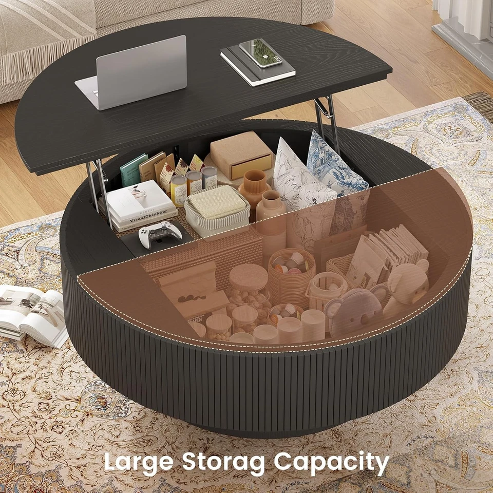 Mesa de centro redonda elevadora de 35,4" con almacenamiento, mesa central para salón Foto 3 de 4