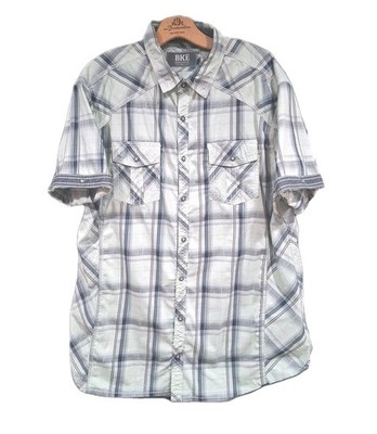 BKE Pearl Snap Shirt Mens Large Light Blue Cotton Blend With Sleeve Roll Up Snap
