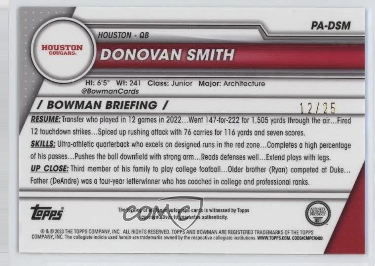 2023 Bowman U Chrome Sapphire Edition Prospect Orange /25 Donovan Smith Auto - Image 2 of 2