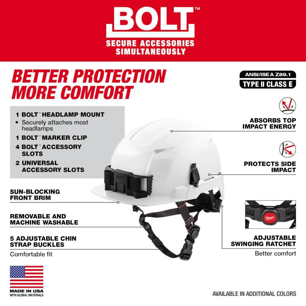 BOLT White Type 2 Class E Front Brim Non-Vented Safety Helmet W/BOLT High Visibi