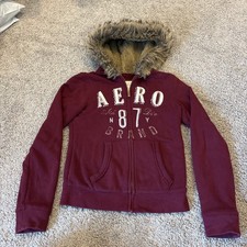 VTG Y2K Aeropostale Faux Fur Hood Thermal Hoodie Zip Up Women s Medium Embellish
