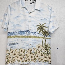 Vintage 90s Hawaiian Shirt Mens XL White Blue Beach Canoe Palm Tree Aloha