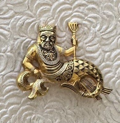 Vintage king  Neptune Poseidon  merman damascene  enamel  on metal brooch