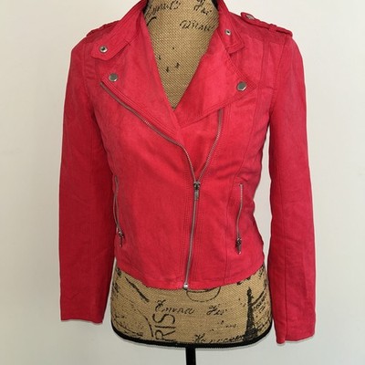 H &M DIVIDED Womens Sz AU 8 Faux Suede Cropped Jacket biker moto Bright Pink VGC