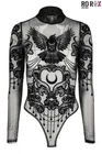 Restyle Gothic Raven Bodysuit Mesh Velvet Ornamental Black Sheer Contrast Sexy