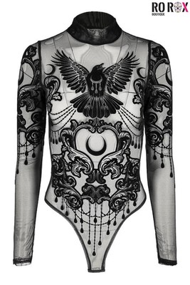 Restyle Gothic Raven Bodysuit Mesh Velvet Ornamental Black Sheer Contrast Sexy