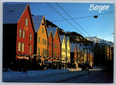 Postcard 2000s Bergen Norway Bryggen Colorful Buildings Winter Snow