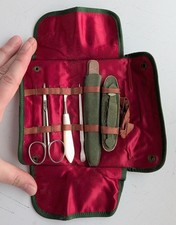 Vtg Manicure Set In Case, Army Green With Red Lining