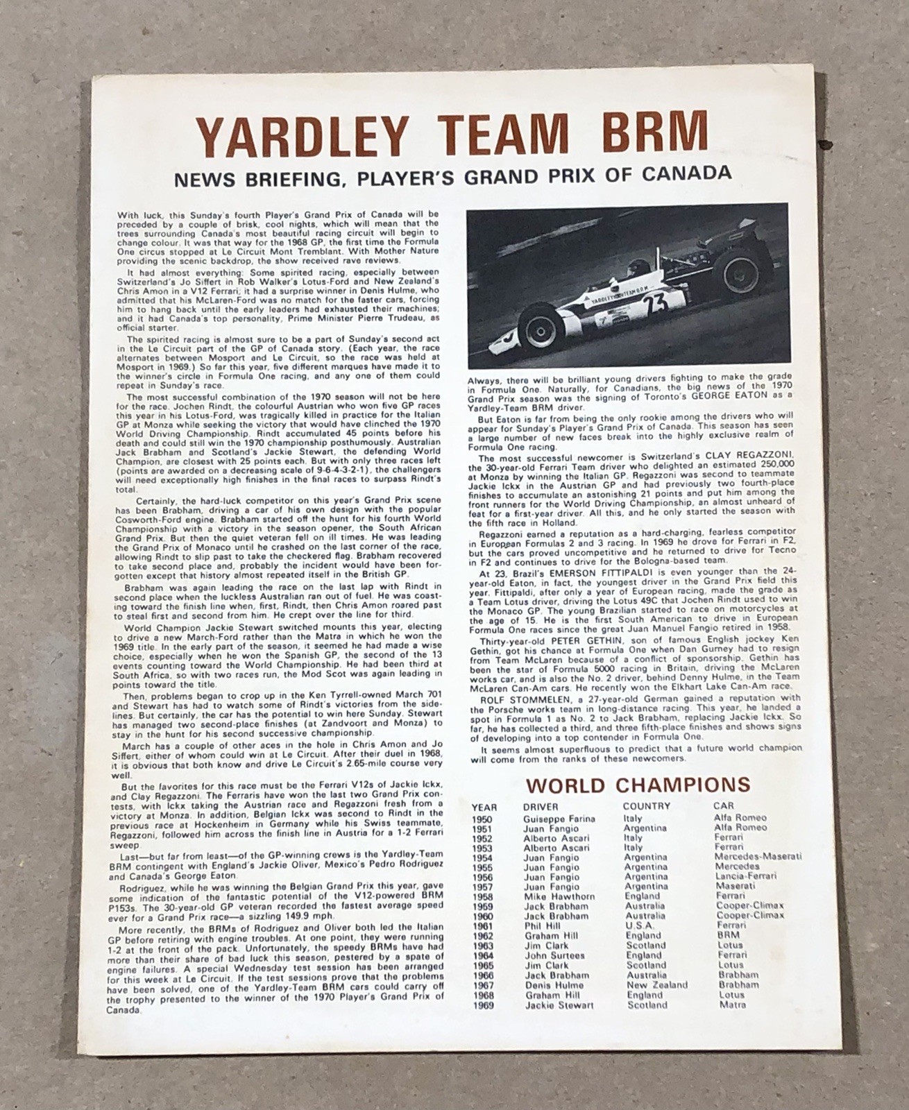 Vintage 1970 Yardley Team BRM News Briefing Press Kit—Grand Prix Of Canada