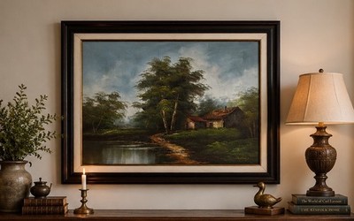 Vintage Framed Rustic Lake Cabin Landscape Oil Painting Signed Duchamp 31x27 