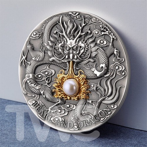 Pearl and Dragon Divine Pearls 2 oz Antique finish Silver Coin 5$ Niue 2022