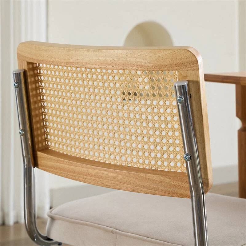 Juego de 2 sillas de comedor tapizadas beige con respaldo de ratán sillas sin brazos con patas de metal Foto 4 de 4