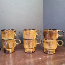 Mcm Set Of 6 Brown Coffee Cups Stackable Mid Century 1970s Grandma Core Retro