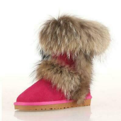 Womens Winter Warm Genuine Leather Fox Fur Thicken Flat Heel Ankle Boots Shoes D