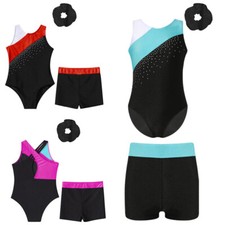 Kids Girls Outfit Gymnastics Uniform With Shorts Dancewear Rhinestone Set Yoga
