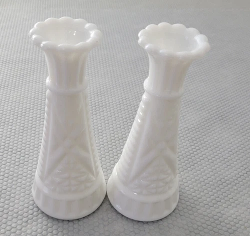 Set Of 2 Vintage Anchor Hocking Milk Glass Vase Short 6" Stars and Bars Bud Vase