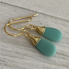 Min Favorit Opaque Turquoise Sea Glass Teardrop  Gold Pl Artisan Wrap Earrings