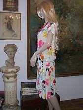 EMANUEL UNGARO Italy DRESS Silk Floral V Neck Pleated Skirt 3 Button EXC Vintage