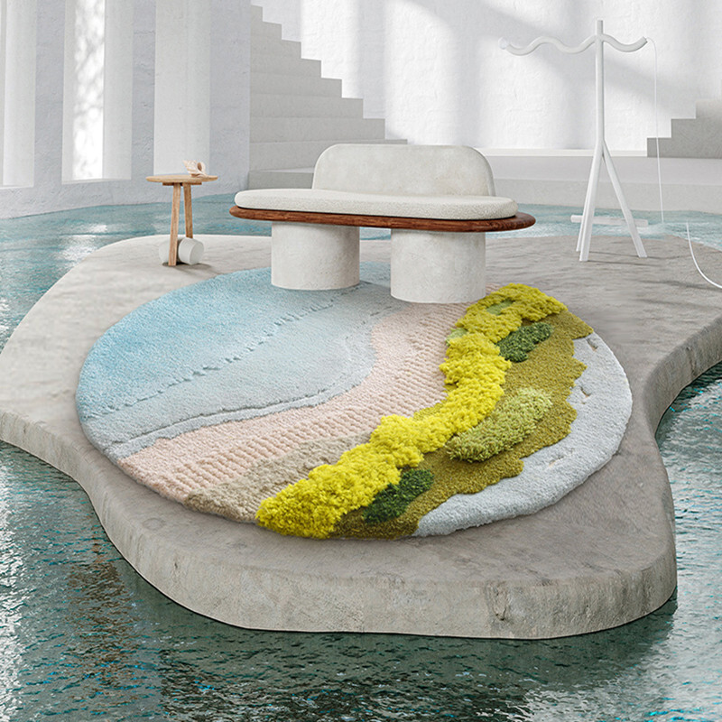 Tapis 3D rond en laine fait main pour salon motif mer | Ø 160 cm